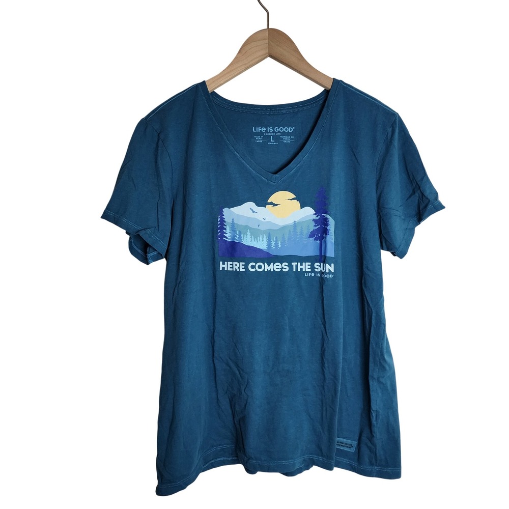 Life Is Good T-Shirt Womens Large Blue Here Comes The Sun Crusher Lite V-Neck